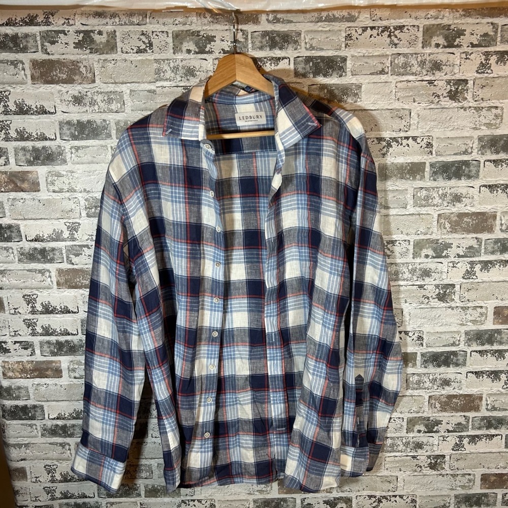 Ledbury Mens 100% Linen Plaid Button Down Shirt Tailored Fit Blue Red 17.5 35‎